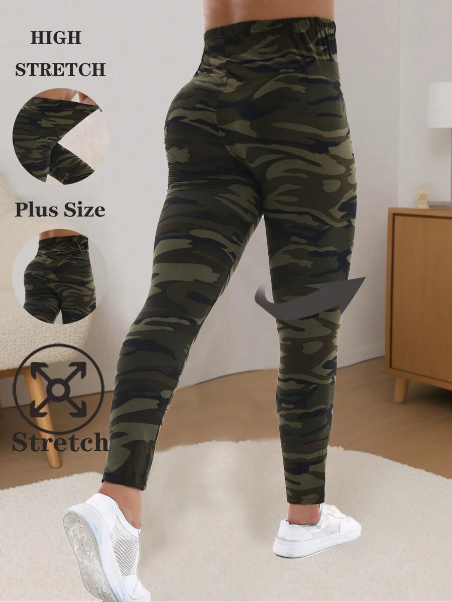Plus Size Women Camouflage Print Soft & Stretchy Capri Leggings, Casual For Sports, Fitness, Running, Yoga, Daily Wear, Gray Green