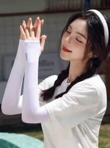2 Pairs Solid Color Ice Silk Arm Sleeves, Summer Cooling Sun Protection For Outdoor Activities Like Running, Fishing And Halloween - White - View 3