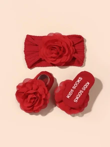 1Set Baby Elastic Hairband & Chiffon Flower Decorated Socks - Red - View 3
