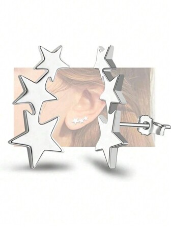1 Paio Di Semplici Orecchini A Perno In Acciaio Inossidabile A Forma Di Stella, Design Minimalista A Tre Stelle, Orecchini Versatili Da Donna, Accessorio Di Gioielleria Di Moda, Adatto Quale Regalo Per La Festa Della Mamma, Per Uso Quotidiano, Appuntamenti, Feste E Vacanze