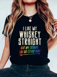 Like My Whiskey Straight Friends LGBTQ Gay Pride Proud Ally T-Shirt Print Women's Round Neck Short Sleeve T-Shirt Fashion Graphic Tees Women Top - 黑色 - 查看 1