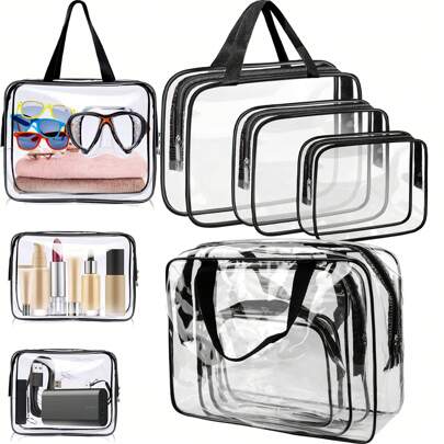 BOLSA DE VIAGEM TRANSPARENTE PARA COSMÉTICOS 3 EM 1, CONJUNTO 3 EM 1, ORGANIZADOR DE COSMÉTICOS, 3 PEÇAS; CONJUNTO 3 EM 1, BOLSA DE VIAGEM TRANSPARENTE COM ZÍPER. Acessórios de viagem: Bolsas de higiene portáteis de PVC à prova d'água, bolsas de maquiagem para mulheres e homens, viagens de verão, decoração de banheiro para casa de férias, organizador de maquiagem para feriados, acessórios de banheiro.