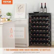 42 Bottle Modular Wine Rack 7-Tier Solid Bamboo Wood Storage Racks Table Top Floor Standing Wines Holder Display Shelf Wobble- Shelves For Bar Cellar Black - Black1 - View 2