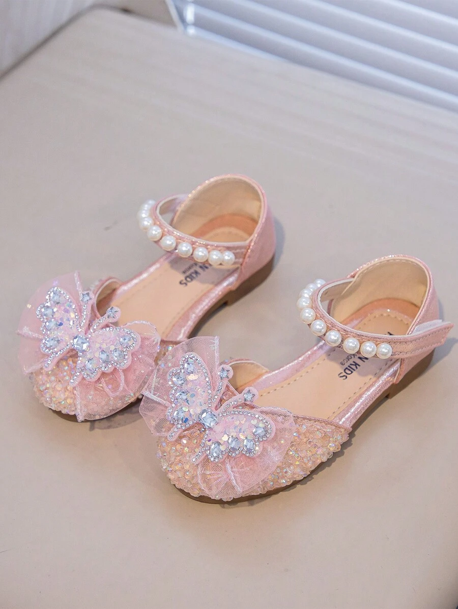 1 Pair Silver Girls Infant Flat Shoes, Rhinestone Closed Toe Princess Shoes For Spring & Autumn - Pink - View 1
