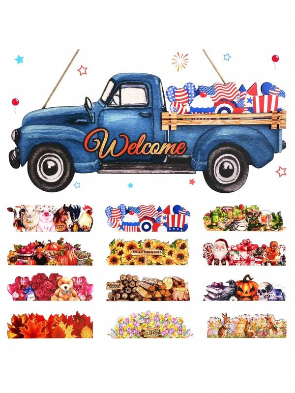 13-Piece Interchangeable Welcome Truck, Farmhouse Welcome Sign, For Front Door Rustic Home Decor, With 12 Holiday Icons For Holiday/Seasonal Decoration