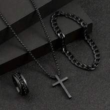 1/2/3pcs Set Men's Stainless Steel Simple Cross Necklace Jewelry Set - Multicolor - View 10