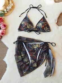 3-Piece Sexy Bikini Swimwear Set For Women, Includes Net Shawl Wrap Skirt, Strappy Back Top Swimwear With Padded Bust, Tie Side Bottom, Suitable For Summer Beach Vacation, Hot Spring