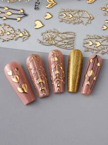 FULL BEAUTY 2PCS Golden Foil Heart 5D Embossed Nail Art Stickers - Self-Adhesive, Scent-Free Decals For DIY Manicures, Perfect For Valentine's Day & Spring, Nail Stickers Nails