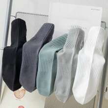 5 Pairs Men's Crew Socks For Autumn/Winter, Black & White Sports Socks, Solid Color Breathable Student Basketball Socks, High Quality Fashionable Socks Suitable For Daily Wear - Multicolor - View 5