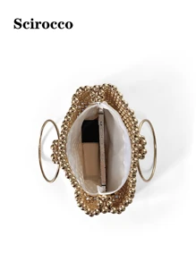 New Handmade Beaded Bag, Cube Shaped Circular Top Handle Bag, Casual Versatile Faux Pearl Beaded Bag - Gold - View 5