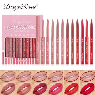 Dragon Ranee 12 件唇线笔套装，哑光修饰，持久不脱色，不脱色，适合秋冬