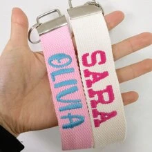 1 pieza Llavero bordado con nombre personalizado, Etiqueta de nombre tejida en rosa/crema, Etiqueta de equipaje, Regalo de cumpleaños