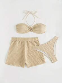 Three Pieces Fashion Separate Sexy Special Fabric Beach Hot-Selling Bikini Set Plus Hot-Selling Sun Protection Pants - Apricot - View 3