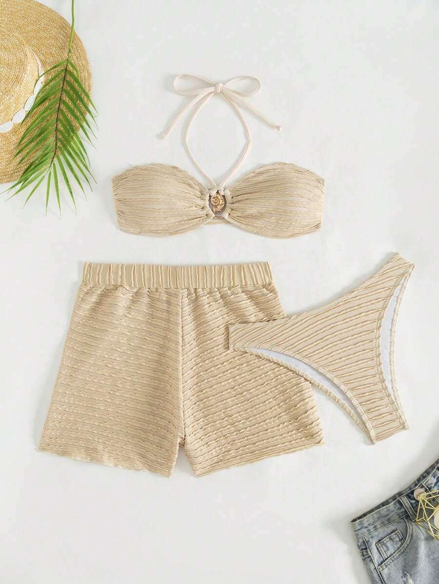 Three Pieces Fashion Separate Sexy Special Fabric Beach Hot-Selling Bikini Set Plus Hot-Selling Sun Protection Pants - Apricot - View 1