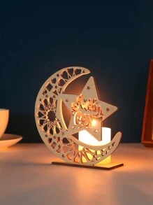 1 pièce Décoration en bois en forme d'étoile et de lune, support de bougie pour la maison, figurine artisanale en bois pour la décoration de la maison, la décoration de festival, le salon, le bureau, la chambre, l'entrée, le support de bougie d'ambiance pour la salle à manger
