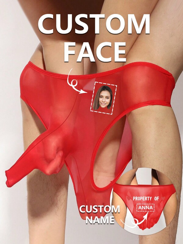 Customized Men's Red Mesh Breathable Briefs With Flexible Elephant Trunk Design, Soft & Comfortable Underwear, Customized Front , "PROPERTY OF" Letter Print And Heart Design On Back, Personalized Name, Sexy Intimate Gift For Valentine's Day, Anniversary