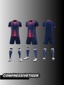 2pcs/Set Personalized Football Jersey For Toddler Boys - Customizable Name & Number Print Striped Decor Short Sleeve T-Shirt + Shorts Set, Quick-Dry Sports Outfit, Suitable As Gift - Navy Blue - View 2