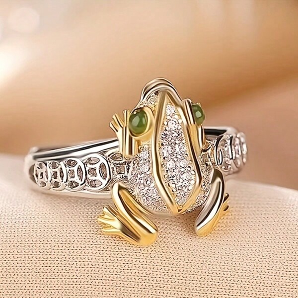 Anillo de diseño único con sapo de la suerte de moneda de cobre vintage estilo feng shui, anillo de compromiso de pareja de moda para fiestas, San Valentín, regalo de Año Nuevo