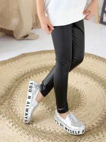 1pc New High Waist PU Leather Leggings, Slimming Skinny Fit For Plus Size, Stretchy - Black - View 5