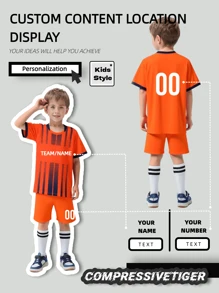 2pcs/Set Personalized Football Jersey For Toddler Boys - Customizable Name & Number Print Striped Decor Short Sleeve T-Shirt + Shorts Set, Quick-Dry Sports Outfit, Suitable As Gift - Orange - View 1