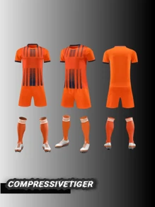 2pcs/Set Personalized Football Jersey For Toddler Boys - Customizable Name & Number Print Striped Decor Short Sleeve T-Shirt + Shorts Set, Quick-Dry Sports Outfit, Suitable As Gift - Orange - View 2