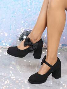 Zapatos de tacón alto elegantes, cómodos y versátiles para fiesta y uso casual, con puntera redonda, tacón grueso, decoración de lazo vintage y color negro