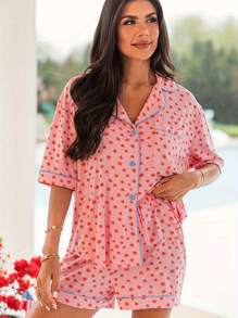 2pcs/Set Women Casual Sleepwear, Comfortable Printed Short Sleeve & Shorts Pajama Set, Polo Collar, Blended With Stretchy Polyester, Machine Washable, Two Pieces Set - Pink - View 1