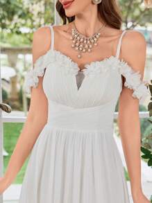 UNITHORSE 女士 V 领吊带荷叶边高开衩白色婚纱，新娘礼服，全白派对礼服 - 白色 - 查看 8