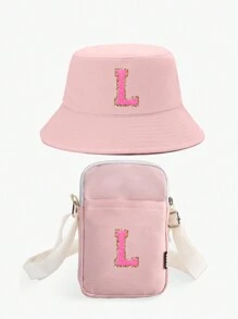 2pcs/Set Kids 26 Letter Bucket Hat & Bag Set, Suitable For Boys And Girls Daily Outing Fashion Matching, Perfect Gift, Spring & Summer - Pink - View 12