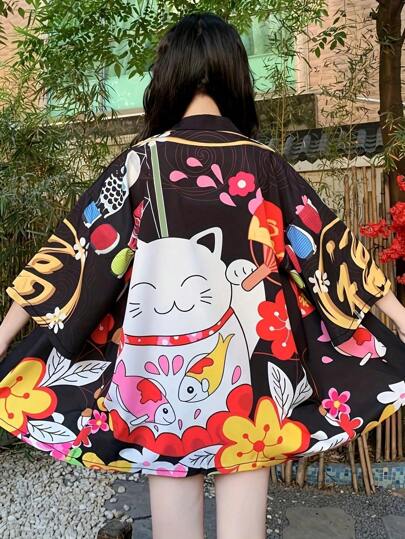 Cartoon Maneki-Neko Lucky Cat Cute & Festive Large Red Shawl-Collar Lightweight Kimono-Style Open Cardigan With Relaxed 3/4 Sleeves, Summer Casual Beachwear Lightweight Kimono Outwear For Holiday/Festival/Party