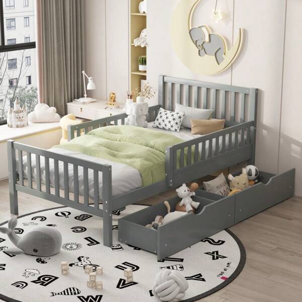 Licosa Twin Size Wood Platform Bed With Guardrails On Both Sides And Two Storage Drawers