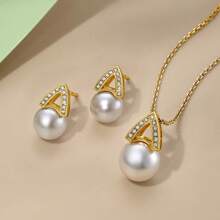New Korean; European Style Minimalist Multi-Function Rhinestone & Imitation White Pearl Inverted "V" Necklace Earrings Set, Party, New Year, Valentine's Day Gift Accessories