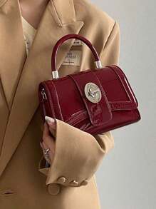 1 chiếc túi da PU, túi vuông nhỏ tối giản có khóa cài, túi có cấu trúc, túi xách nhỏ màu đỏ rượu vang sơn mài, túi dây xích, túi xách tay/túi đeo vai/túi đeo chéo. - Màu Đỏ Sâu - Xem 3