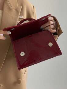 1 chiếc túi da PU, túi vuông nhỏ tối giản có khóa cài, túi có cấu trúc, túi xách nhỏ màu đỏ rượu vang sơn mài, túi dây xích, túi xách tay/túi đeo vai/túi đeo chéo. - Màu Đỏ Sâu - Xem 4