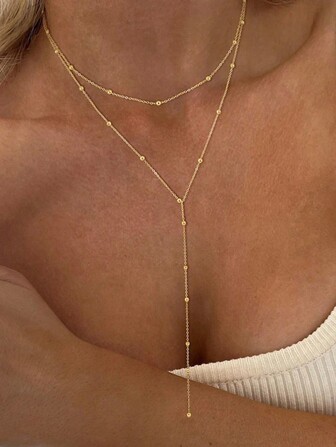 Aomogo 1pc Stainless Steel Double Layer Women Necklace, Long Pendant Necklace With Beaded Y-Shape Chain And Round Ball Pendant, Everyday Wear