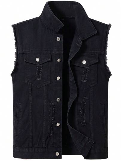 Jaqueta Denim Preta Masculina, Colete Denim Casual, Para Todas as Estações