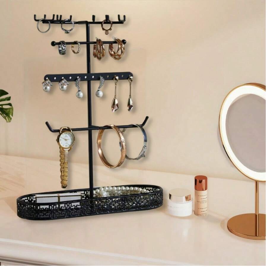 Jewelry Rack,Earring Holder,Ear Stud Holder With Wooden Tray,Jewelry Organizer Holder For Earrings Necklaces Bracelets Watches And Rings,Earring Display Stand Valentine's Day - Multicolor - View 1