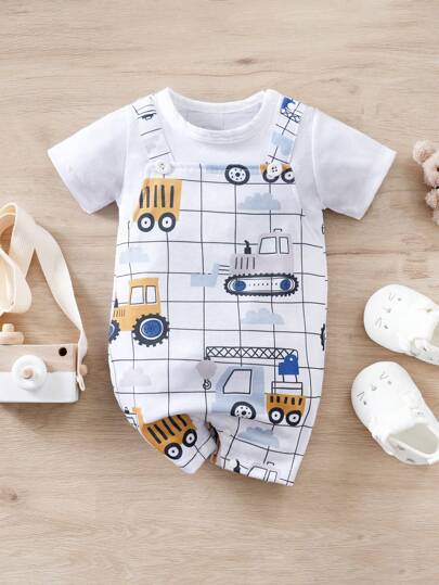 Baby Boy Summer Cartoon Car & Plaid Allover Print Bib Romper