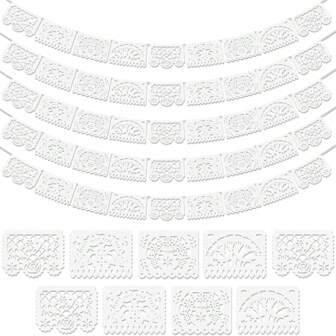 5 Packs White Shredded Paper Banner, Plastic Mexican Party Banner Wedding Christmas Party Decoration, Day Of The Dead, Day Of The Dead Decor Supplies, May 5th Mexico Decor - 4 Patterns/90Ft