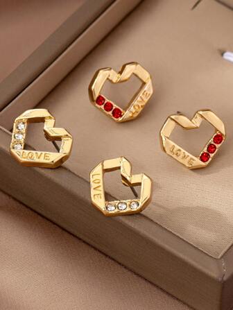 1 对时尚水晶宝石合金心形耳钉，适合女士、日常佩戴珠宝、情人节礼物