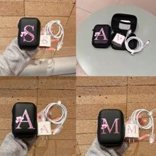 1 Peça Conjunto (1 Peça Bolsa Organizadora de Cabo de Dados + 1 Peça Estojo Protetor de Carregador + 2 Protetores de Porta de Cabo + 1 Peça Abraçadeira de Cabo) Design de Flor e Alfabeto Impresso UV, Compatível com Carregador Rápido Apple