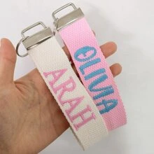 1 pieza Llavero bordado con nombre personalizado, Etiqueta de nombre tejida en rosa/crema, Etiqueta de equipaje, Regalo de cumpleaños