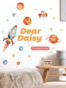 1pc Personalized Name Astronaut Wall Sticker For Boys Bedroom, Cartoon Spaceman Alien Planets Creative Removable Wall Decal, Star Spaceship Wallpaper Decoration For Kids Room, Nursery Gifts Birthday Graduation
