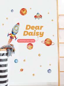 1pc Personalized Name Astronaut Wall Sticker For Boys Bedroom, Cartoon Spaceman Alien Planets Creative Removable Wall Decal, Star Spaceship Wallpaper Decoration For Kids Room, Nursery Gifts Birthday Graduation