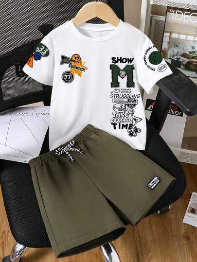 Tween Boy 字母印花短袖 T 恤和短裤套装