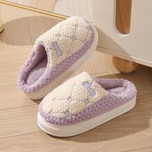 厚底仿毛拖鞋，男女通用冬季室内家居一脚蹬保暖防滑鞋，无踩屎感，情侣款 - 紫色 - 查看 3