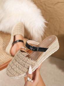 Braided Woven Upper, Rope Sole, Wedge Platform, Slip-On Casual Fashion Sandals, Suitable For Vacation - Apricot - View 3