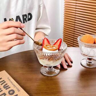 4 件条纹甜点碗，复古向日葵雕刻玻璃碗，用于冰淇淋、酸奶、布丁和甜点，配有可爱的不锈钢勺子和叉子套装，适合户外野餐、露营和旅行