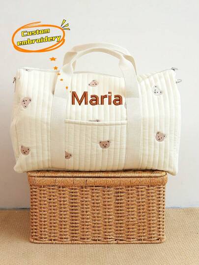 Borsa da viaggio versatile con ricamo personalizzato a forma di orso, borsa da viaggio di grande capacità, borsa da stoccaggio leggera, borsa a tracolla in cotone pastorale traspirante per mamme, borsa da viaggio per brevi distanze, borsa da stoccaggio leggera, borsa per il trasporto di coperte per asilo, regalo personalizzabile, regalo per il Ringraziamento, regalo per la Pasqua, borsa da viaggio per la Festa della Mamma