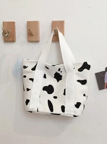 Milk Pattern Printed Tote Bag/Lunch Bag, Solid Color Niche Design Casual Versatile Minimalist Stylish Handbag For Daily Commute - Black and White - View 10